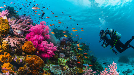 Close-up of a scuba diver exploring colorful coral reefs and marine life in a tropical ocean.の素材