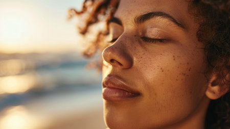 Close-up of a serene face with closed eyes, practicing meditation on a yoga mat by the beach.の素材