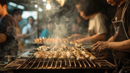 Close-up of a seafood vendor grilling squid on a street food stall, with customers waiting in line.の素材
