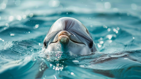 Close-up of a dolphin's friendly smile and sparkling eyes above the water surface.の素材