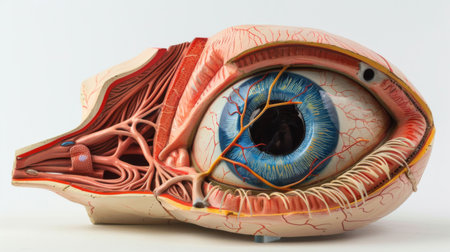 Anatomical model of the human eye with detailed structure and cross-section views for medical education.の素材