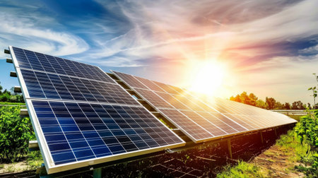 Close-up of a solar panel array in a sunny field, depicting renewable energy as a solution to global warming.の素材