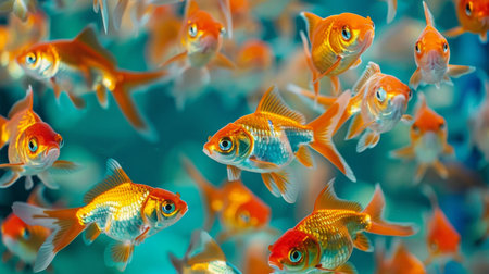 Close-up of goldfish swimming in a school, showcasing their vibrant colors and varying sizes.の素材