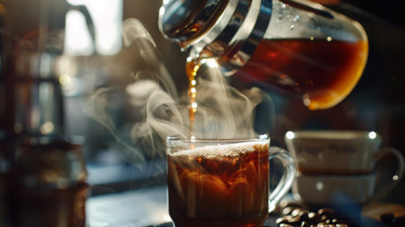 Freshly brewed coffee being poured into a cup from a French press, with steam rising gracefully.の素材