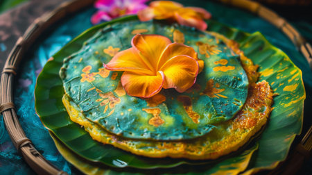 Close-up of Roti Sai Mai presented with artistic flair, showcasing its vibrant colors and delicate texture.の素材