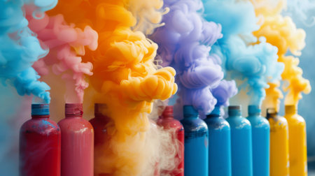 Close-up of colored smoke canisters arranged in a row, ready for use in a special effects demonstration.の素材