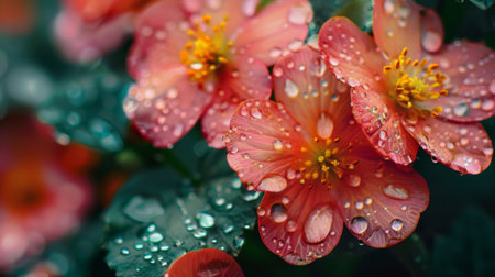 Close-up of rain-soaked flowers in a garden, with petals covered in sparkling water droplets.の素材