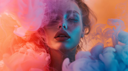 Close-up of colored smoke enveloping a model in a fashion photoshoot, adding drama and flair to the image.の素材