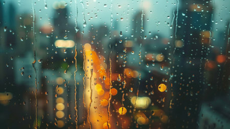 Close-up of raindrops falling on a windowpane, distorting the view of a blurred urban landscape.の素材
