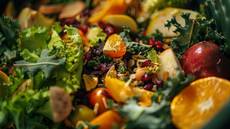 Close-up of food waste in a compost bin with fruits and vegetable scraps.の素材