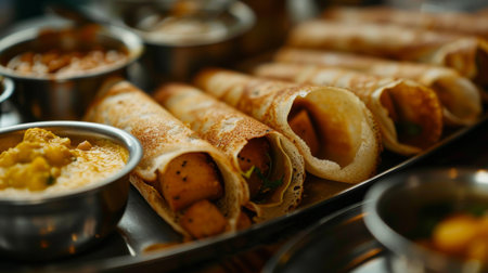 Close-up of crispy dosas filled with spicy potato masala served with coconut chutney and sambar.の素材