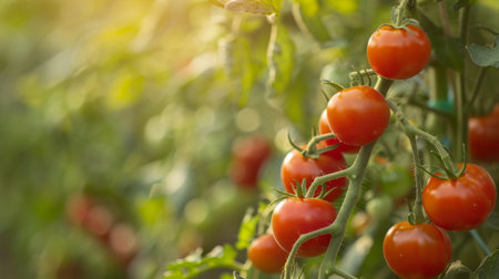 Close-up of fresh red tomatoes on a vine in a garden, ripe and ready for harvest.の素材