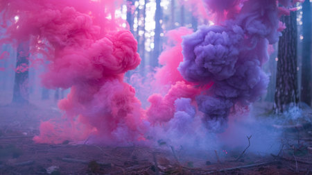 Close-up of colored smoke grenades releasing plumes of pink and purple smoke in a forest clearing.の素材