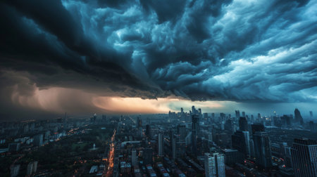 Dark storm clouds gathering over a city skyline, with rain starting to fall in the distance.の素材