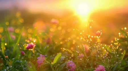 Dew on the leaves of a field of wildflowers at dawn, with a golden sunrise in the background.の素材