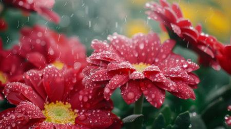 Close-up of rain-soaked flowers in a garden, with petals covered in sparkling water droplets.の素材