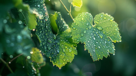 Dew-covered leaves of a vine plant, with the background softly blurred.の素材