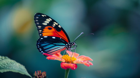 Macro shot of a butterfly perched on a flower, showcasing its vibrant colors and delicate wings.の素材