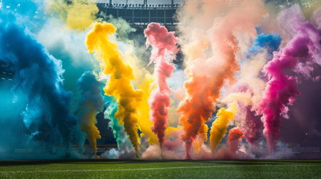 Colored smoke bombs exploding in a synchronized display at a sports event halftime show, exciting the crowd.の素材