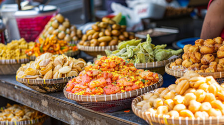 Colorful display of Indian street food snacks like chaat, vada pav, and bhel puri at a market stall.の素材