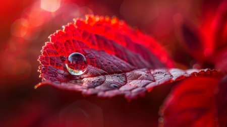 Macro shot of a single water droplet on a vibrant red leaf, reflecting the surroundings.の素材