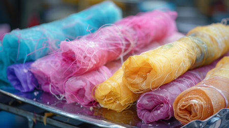Close-up of Roti Sai Mai, Thai cotton candy wrapped in a soft roti, with colorful threads peeking out.の素材