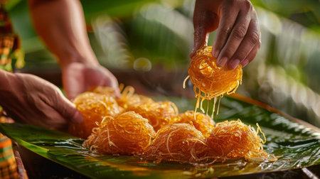 Close-up of Roti Sai Mai being served on a banana leaf, showcasing its intricate candy threads.の素材