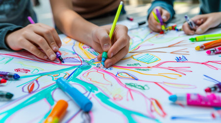 Hands drawing a mind map on a large sheet of paper with colorful markers.の素材