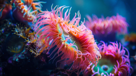 Close-up of vibrant sea anemones swaying gently underwater, showcasing their colorful tentacles.の素材