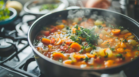 Ingredients for a hearty soup simmering in a pot on a stove, including vegetables and herbs.の素材