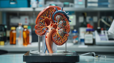 Human kidney model displayed in a laboratory setting, highlighting renal structure and function.の素材