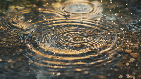 Close-up of raindrops splashing on a puddle, creating ripples on the surface of the water.の素材