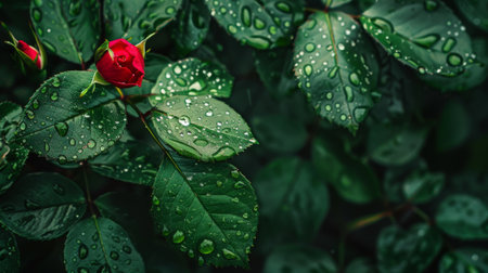 Fresh rain droplets on the leaves of a rose bush, with a single red rose in the frame.の素材
