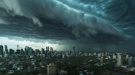Dark storm clouds gathering over a city skyline, with rain starting to fall in the distance.の素材