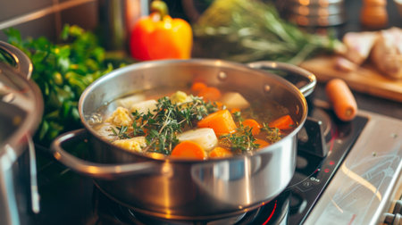 Ingredients for a hearty soup simmering in a pot on a stove, including vegetables and herbs.の素材