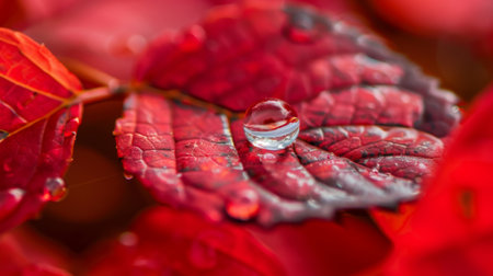 Macro shot of a single water droplet on a vibrant red leaf, reflecting the surroundings.の素材