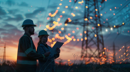 Engineers conducting field tests and data analysis on a new telecommunications tower installation.の素材
