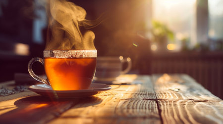 Steam rising from a freshly brewed cup of tea on a wooden tableの素材