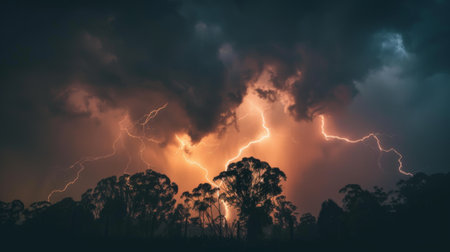Lightning illuminating a silhouette of trees against a stormy sky, capturing the power of nature.の素材