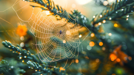 Macro shot of a spider weaving its web between branches, with dew drops glistening on the web.の素材