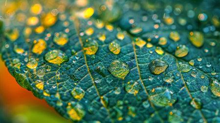 Macro shot of water droplets on a leaf, with a reflection of the sky and trees in the droplets.の素材
