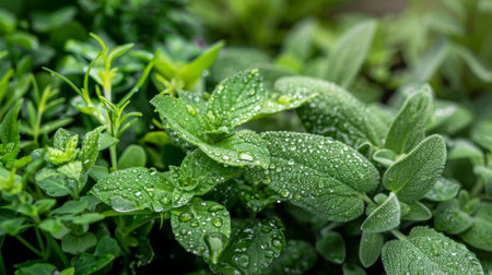 Raindrops on the leaves of an herb garden, with various plants in the background.の素材