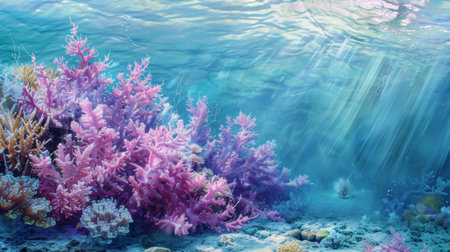 Underwater view of a coral reef adorned with blooming sea fans, adding a delicate floral touch to the ocean floor.の素材