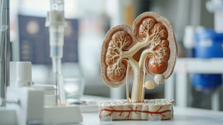 Human kidney model displayed in a laboratory setting, highlighting renal structure and function.の素材
