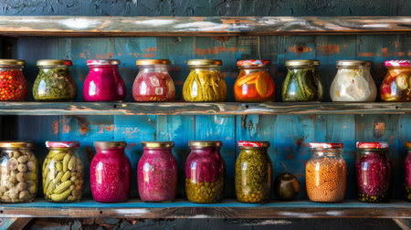 Traditional Indian pickles and chutneys in colorful jars displayed on a wooden kitchen shelf.の素材