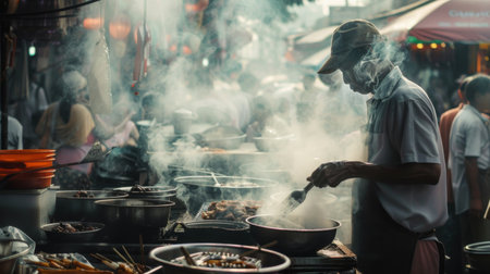 Steam and smoke rising from a street food vendor's grill in a busy market.の素材