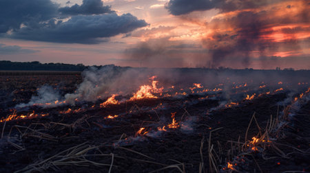 Smoke and flames from a controlled burn in an agricultural field at dusk.の素材