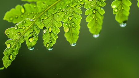 Raindrops clinging to the delicate edges of a fern leaf after a light shower.の素材