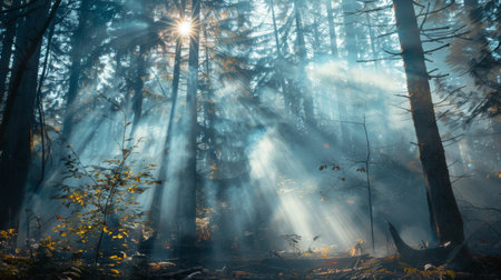Smoke trails from a campfire in a forest, with sunlight filtering through the trees.の素材