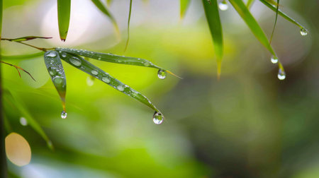 Water droplets sitting on the surface of a bamboo leaf in a Zen garden.の素材